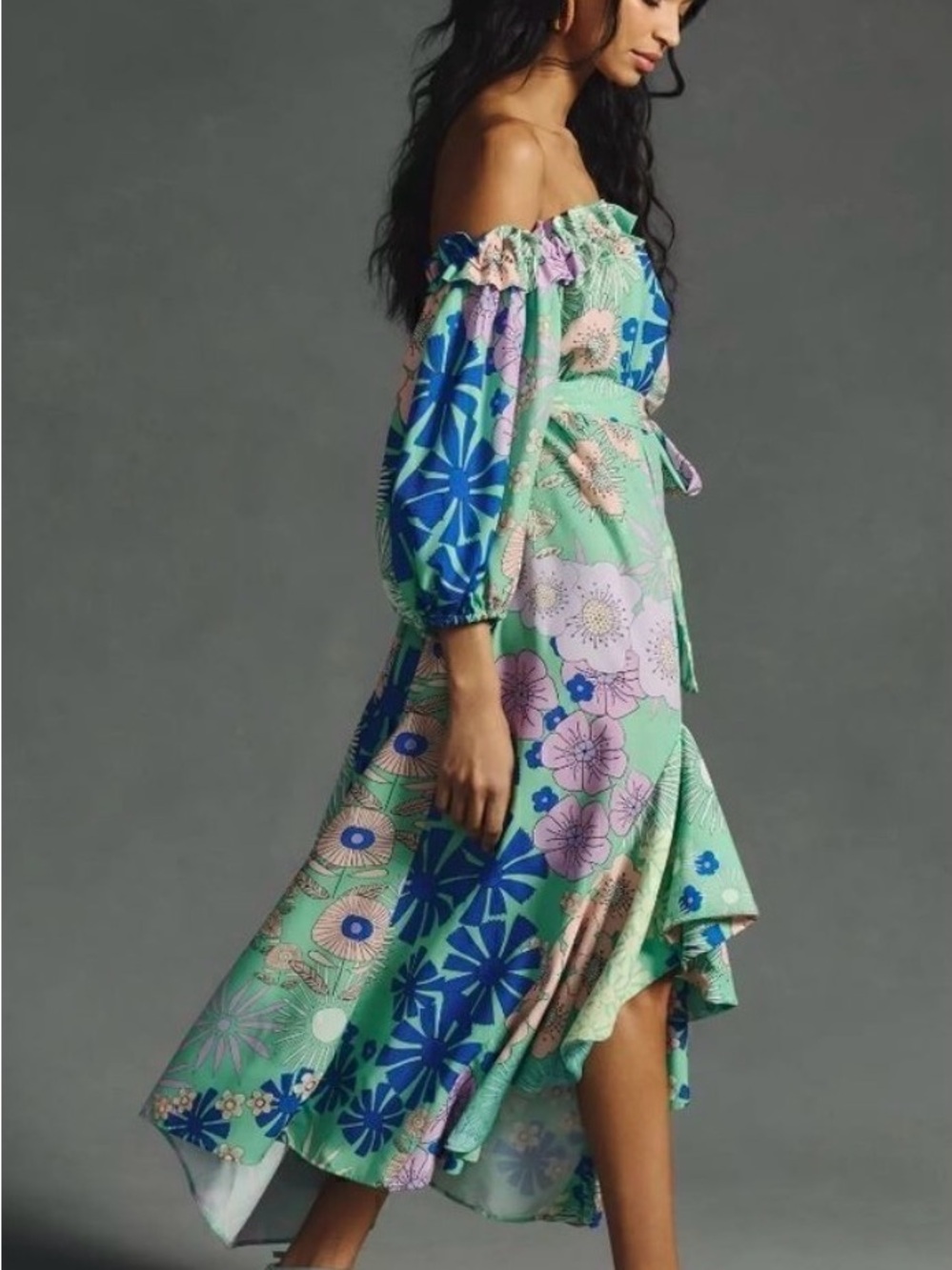 Anthropologie Oopscool Off-Shoulder Floral Midi Dress in Mint and Blue size S - Picture 3 of 10